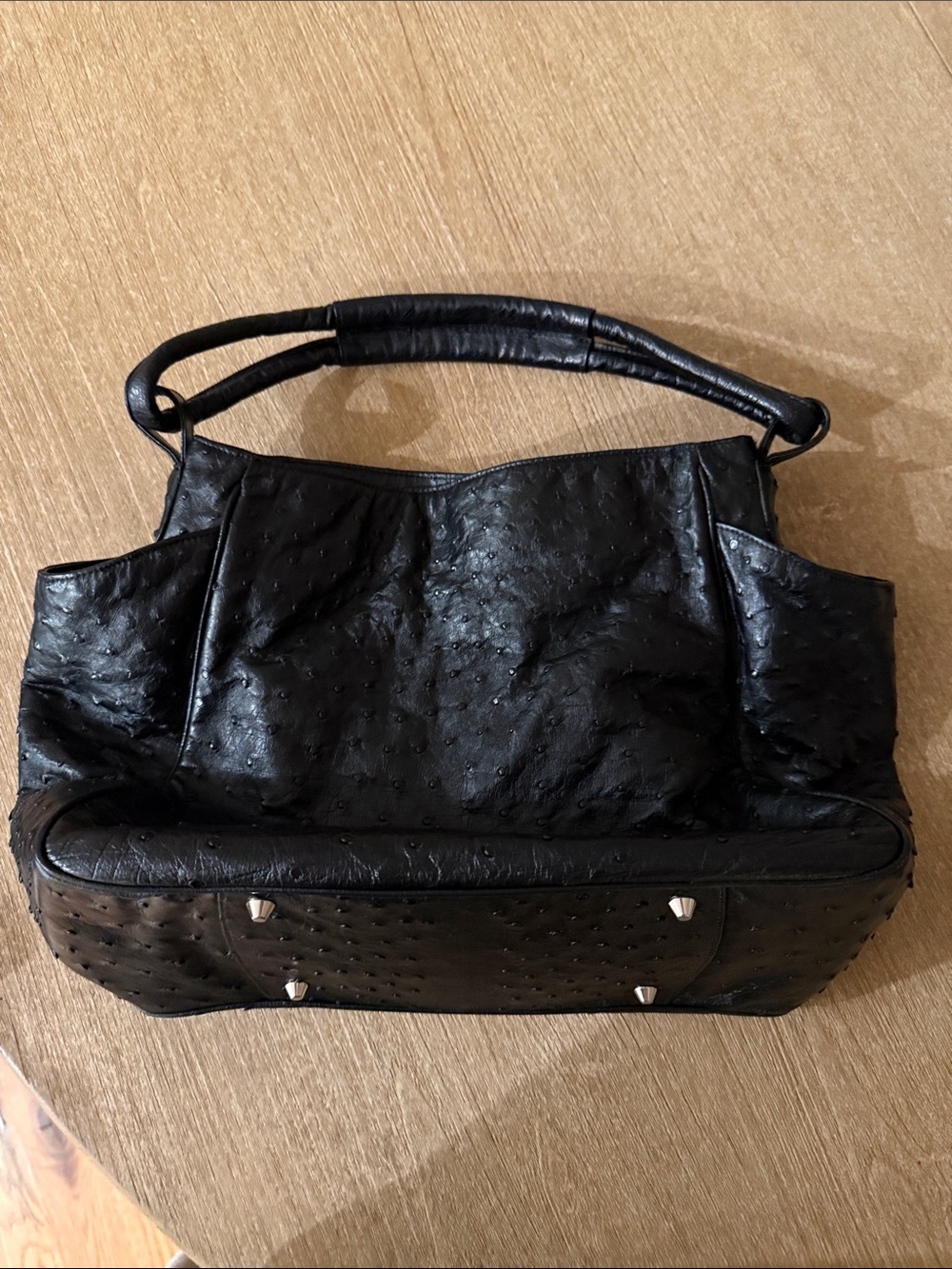 Black Ostrich-Texture Shoulder Tote